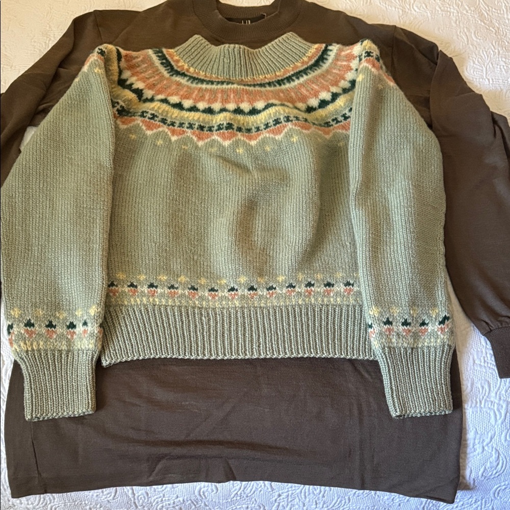 Womens Nordic Green hand knit Patterned pull over Sweater 100% virgin wool